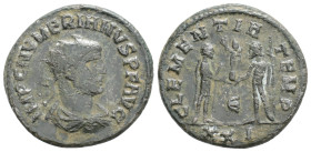 Roman Imperial, Numerian Æ Antoninianus. Cyzicus, AD 283-284. IMP C NVMERIANVS P F AVG, radiate, draped and cuirassed bust right / CLEMENTIA TEMP, Num...