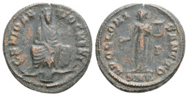 Maximinus II. AD 310-313. Æ (17,1mm, 1.7 g, 12h). ‘Persecution’ issue. Antioch mint, 2nd officina. Tyche seated facing on rocks; river-god Orontes swi...