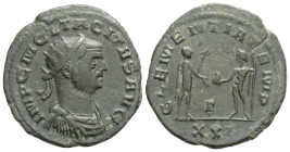 Roman Imperial, Tacitus Æ Radiate. Rome, AD 276. IMP C M CL TACITVS AVG, radiate, draped and cuirassed bust right / CLEMENTIA TEMP, emperor standing r...