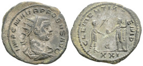 Roman Imperial Probus Æ Antoninianus. Antioch, AD 276-282. IMP C M AVR PROBVS P F AVG, radiate, draped and cuirassed bust right / CLEMENTIA TEMP, Empe...