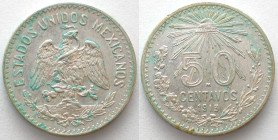 MEXICO. 50 Centavos 1913, silver, UNC-