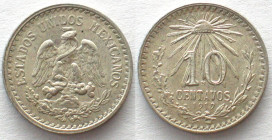 MEXICO. 10 Centavos 1919, rare one year type, silver, UNC