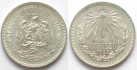 MEXICO. Peso 1921, silver, scarce date! UNC-