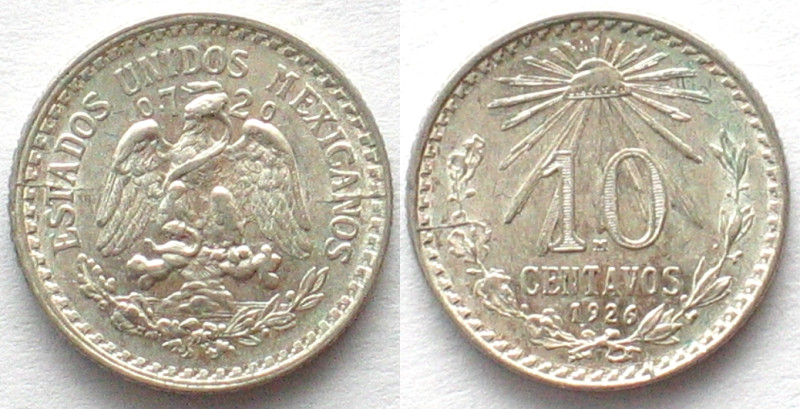 MEXICO. 10 Centavos 1926, scarce date! silver, UNC
KM # 431. Nice lustre!