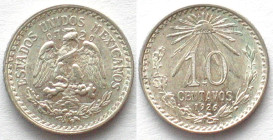 MEXICO. 10 Centavos 1926, scarce date! silver, UNC