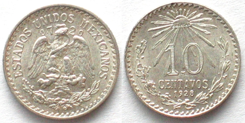 MEXICO. 10 Centavos 1928, silver, UNC
KM # 431. Nice lustre!