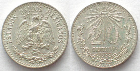 MEXICO. 20 Centavos 1933, silver, UNC-