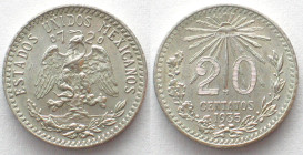 MEXICO. 20 Centavos 1935, silver, UNC-