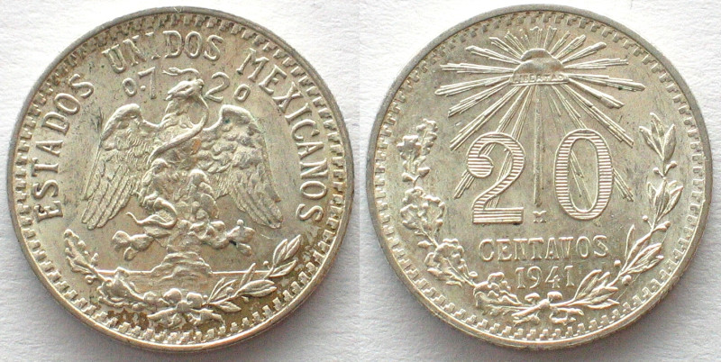 MEXICO. 20 Centavos 1941, silver, UNC
KM # 438. Wonderful lustre!