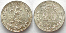 MEXICO. 20 Centavos 1941, silver, UNC