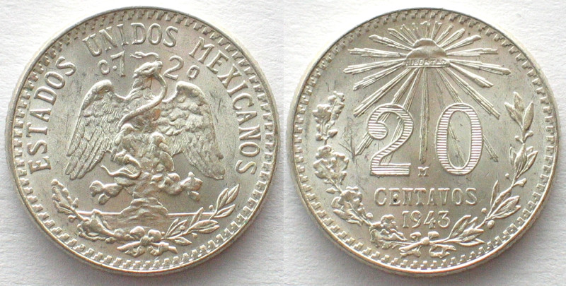 MEXICO. 20 Centavos 1943, silver, BU!
KM # 438. Wonderful lustre!