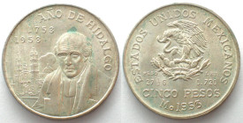 MEXICO. 5 Pesos 1953, Bicentennial of Hidalgo's Birth, silver, UNC