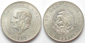 MEXICO. 10 Pesos 1955, HIDALGO, silver, UNC-