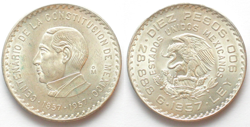 MEXICO. 10 Pesos 1957, 100 ANNIVERSARY OF CONSTITUTION, silver, UNC!
KM # 475