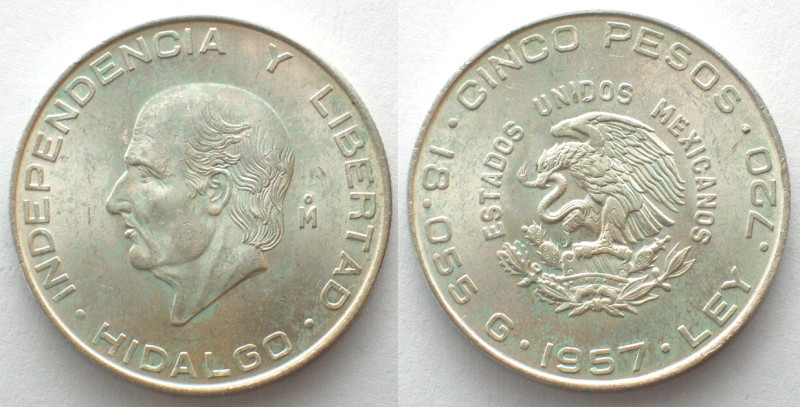 MEXICO. 5 Pesos 1957, Hidalgo, silver, UNC
KM # 469