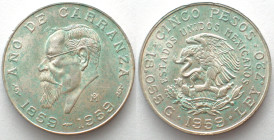 MEXICO. 5 Pesos 1959, Centennial of Carranza's Birth, silver, UNC