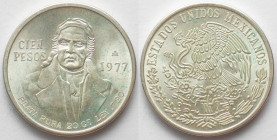 MEXICO. 100 Peso 1977, Morelos, low 7 variety, silver, UNC