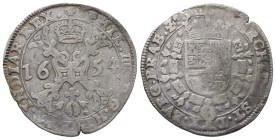 Belgien Brabant, Philipp IV. von Spanien 1621-1665, 1/2 Patagon 1654. 13,79 g. Vanhoudt 646. Kl. Schrötlingsfehler, sehr schön