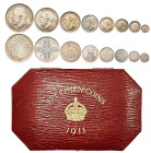 Großbritannien, George V. 1910-1936, Proof Specimen Set 1911. Halfcrown, Florin, Shilling, Sixpence, Fourpence, Threepence, Twopence, Penny. Seaby PS1...