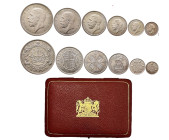 Großbritannien, George V. 1910-1936, Proofset 1927. Crown, Halfcrown, Florin, Shilling, Sixpence, Fourpence, Threepence. Seaby PS14. Im rotem Original...