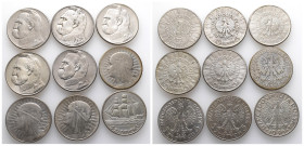 Polen, Republik 1919-1939, 5 Zlotych 1932, 1933, 1934, 1934, 1934, 1935, 1936, 1936, 1938. Insgesamt: 9 Stück. Meist sehr schön-vorzüglich