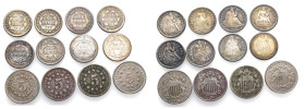 Veeinigte Staaten von Amerika, Sammlung von 12 "Liberty Seated Dimes". Entahlten sind: 1838, 1853, 1855, 1856, 1857, 1877, 1884, 1885. Dazu: "Shield N...