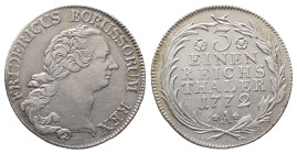 Brandenburg Preußen, Friedrich II. 1740-1786, 1/3 Taler 1772, Berlin. 8,19 g. Olding 75. Prachtexemplar. Fast Stempelglanz