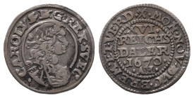 Bremen und Verden, Karl XI. 1660-1697, 1/16 Taler (Düttchen) 1670, Stade. 1,67 g. Ahlström 39. Min gewellt, sehr schön