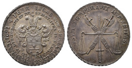 Hamburg, Stadt, Bürgermeisterpfennig im Vierteltalergewicht 1751. Auf den Tod von Lucas von Spreckelsen. Waage, Schwert und Fasces // Familienwappen. ...