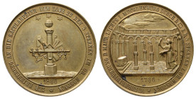 Mecklenburg Rostock, vergoltete Silbermedaille 1860, von Schröder, auf die Säkularfeier der Loge zu den drei Sternen. Innenansicht des Tempels // Säul...