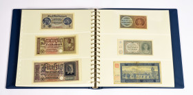 Sammlung Banknoten in einem Album. Viele bessere Scheine wie: Behelfszahlungsmittel für die Deutsche Wehrmacht, 1, 5, 10, 50 Reichspfennig, 1 Reichsma...