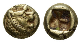 Kings of Lydia. Sardeis. Time of Alyattes to Kroisos 620-539 BC. Hemihekte - 1/12 Stater EL (7mm, 1.16 g) Head of roaring lion right, "sun" with no ra...