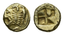 IONIA, Phokaia. Circa 625/0-522 BC. EL Myshemihekte – Twenty-fourth Stater (6mm, 0.52 g). Head of roaring lion left; to right, small seal upward / Qua...