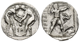 Pamphylia, Aspendos AR Stater. (22mm, 10.86 g) Circa 380-325 BC. Two wrestlers grappling; ΣK between / Slinger in throwing stance to right; EΣTFEΔIIY[...