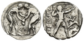 Pamphylia, Aspendos AR Stater. (22mm, 10.89 g) Circa 380-325 BC. Two wrestlers grappling; ΣK between / Slinger in throwing stance to right; EΣTFEΔIIY[...