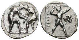 PAMPHYLIA, Aspendos. Circa 380/75-330/25 BC. AR Stater (21mm, 10.57 g). Two wrestlers grappling; BΛ between / Slinger in throwing stance right; triske...
