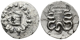 Phrygia, Apameia AR Cistophoric Tetradrachm. (26mm, 12.27 g) Apollonios, magistrate. Circa 88-67 BC. Serpent emerging from cista mystica; all within i...