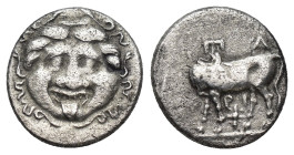 Mysia. Parion circa 400-300 BC. Hemidrachm AR (11mm, 2.29 g). Facing gorgoneion with protruding tongue, serpents around / Π[Α]-ΡΙ, bull standing left,...
