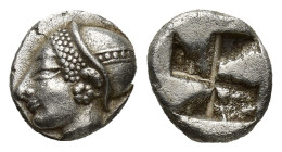 Ionia, Phokaia AR Trihemiobol. (8mm, 1.27 g)Circa 520-478 BC. Archaic female head to left, wearing earring and helmet or close fitting cap / Quadripar...