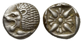 Ionia, Miletos AR Diobol. (8mm, 1.00 g) Circa 520-450 BC. Forepart of lion right, head left / Stellate design within incuse square.