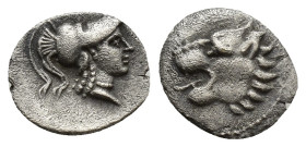 PAMPHYLIA. Side. (3rd-2nd centuries BC). AR Obol. (9mm, 0.54 g) Obv: Helmeted head of Athena right. Rev: Head of lion left with open mouth.
