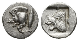 MYSIA, Kyzikos. Circa 450-400 BC. AR Obol (10mm, 1.24 g). Forepart of boar left; tunny to right / Head of lion left within incuse square.