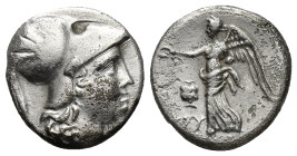 PAMPHYLIA. Side. (Circa 205-100 BC). AR Drachm. (17mm, 3.54 g) Chry-, magistrate. Obv: Helmeted head of Athena right. Rev: Nike flying left, holding w...