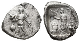 PAMPHYLIA, Side. Circa 400-380 BC. AR drachm (15mm, 3.45 g). Athena standing left, holding owl and shield; pomegranate to left / Apollo standing left,...