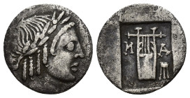 Masikytes, Lycia. AR Hemidrachm (15mm, 1.51 g), c. 48-23 BC (?). Laureate head of Apollo right. Rev. Lyra; in fields, M-A; to right, A above tripod.