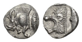 MYSIA, Kyzikos. Circa 450-400 BC. AR Hemiobol (7mm, 0.40 g). Forepart of boar left; to right, tunny upward / Head of roaring lion left within incuse s...