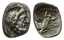 Lycaonia. Laranda 324-323 BC. Obol AR (8mm, 0.73 g). Head of Herakles right / Forepart of wolf right; inverted crescent above.