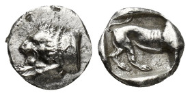 ASIA MINOR. Uncertain. Diobol (10mm, 1.25 g) (Circa 5th century BC). Obv: Forepart of roaring lion left. Rev: Back part of lion right; all within incu...