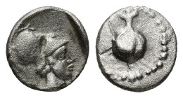 PAMPHYLIA, Side. Circa 460-430 BC. AR Obol (9mm, 0.73 g) Obv: Helmeted head of Athena right within incuse square. Rev: Pomegranate