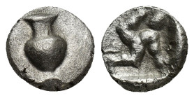 PAMPHYLIA, Aspendos. Circa 465-430 BC. AR Obol (9mm, 0.91 g). Vase with one handle / Triskeles; E[Σ] in one quadrant; all within incuse square.